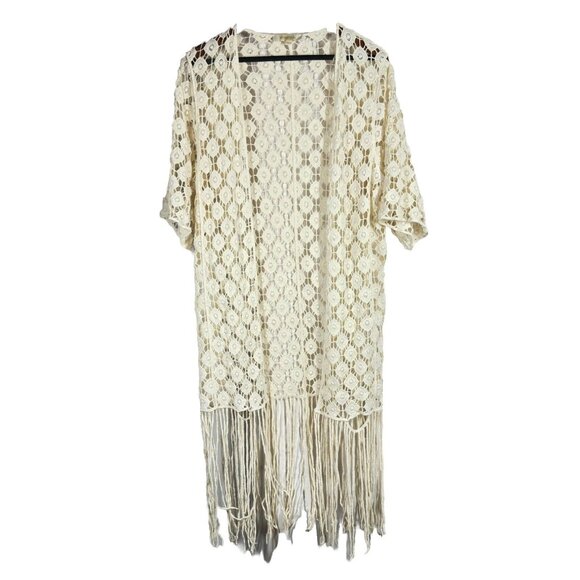 REBELLION Women’s Large Crocheted Vest‎ Boho Cream Knit Long Cardigan - Picture 1 of 6